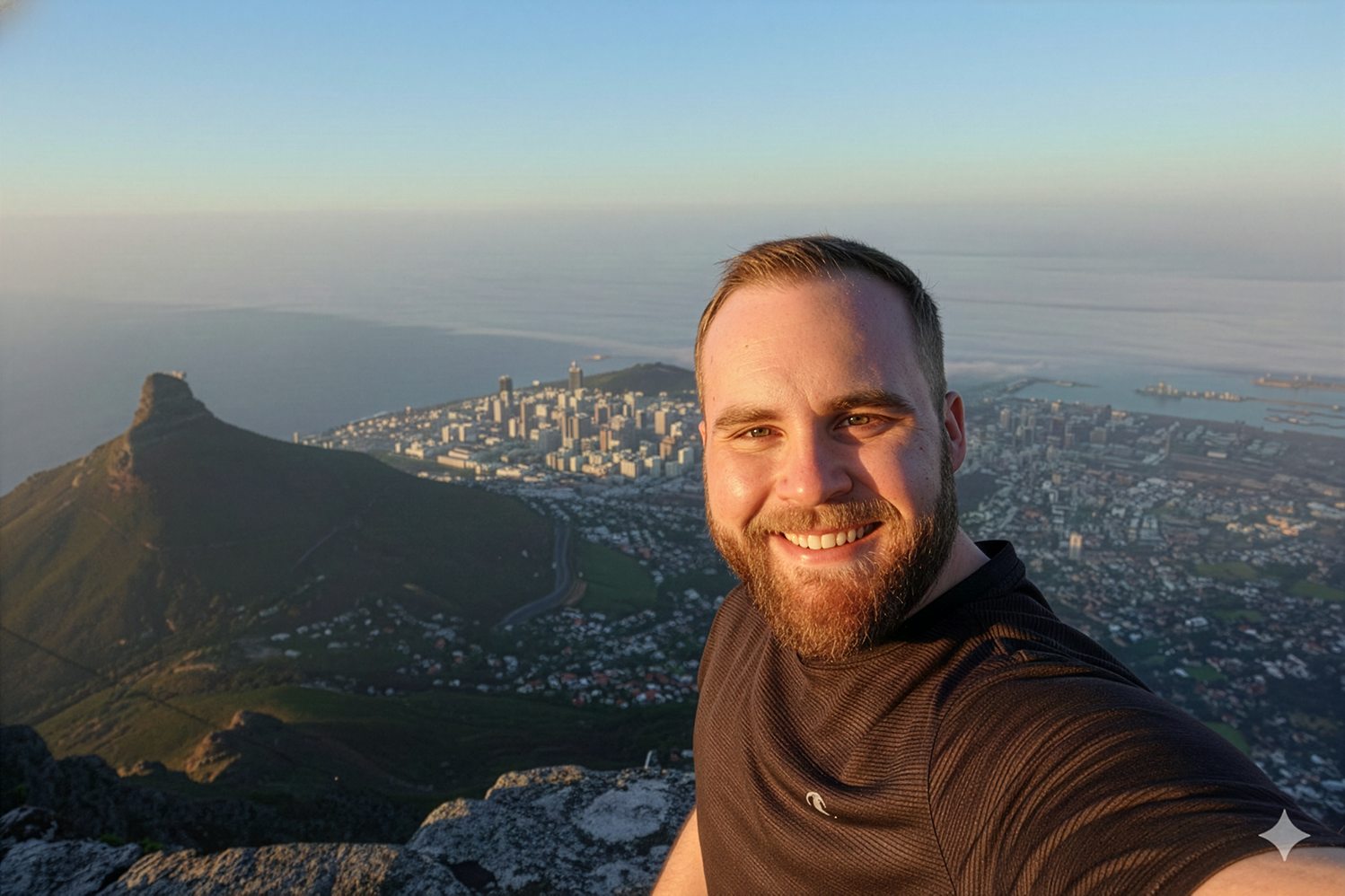 Joe Guzik at the summit of Table Mountain, with Cape Town and Lion&rsquo;s Head below at sunrise.